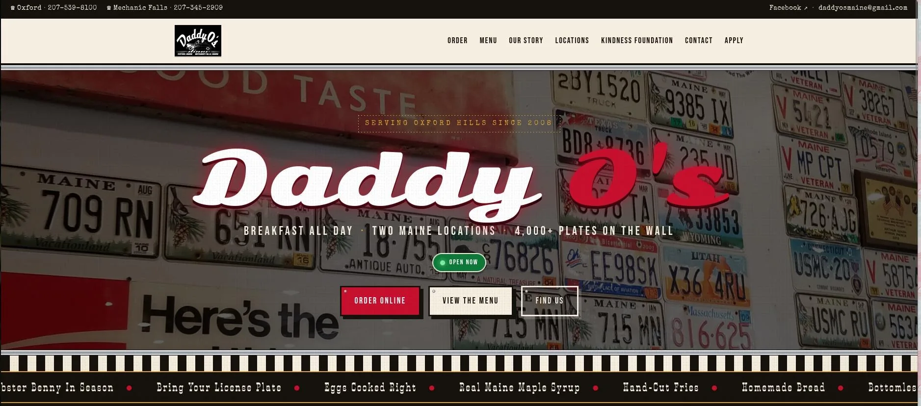 Daddy O's Diner website shown at full width